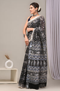 Hand Block Printed Linen Saree With Unstitched Blouse