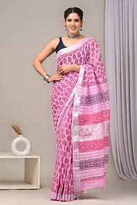 Hand Block Printed Linen Saree With Unstitched Blouse