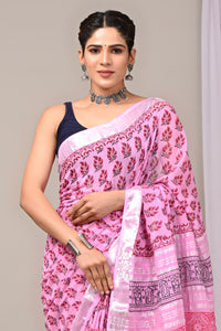 Hand Block Printed Linen Saree With Unstitched Blouse