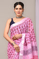 Hand Block Printed Linen Saree With Unstitched Blouse