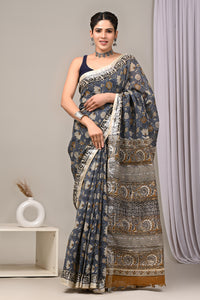 Hand Block Printed Linen Saree With Unstitched Blouse