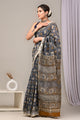 Hand Block Printed Linen Saree With Unstitched Blouse