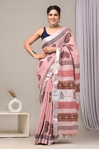 Hand Block Printed Linen Saree With Unstitched Blouse