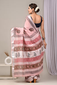 Hand Block Printed Linen Saree With Unstitched Blouse