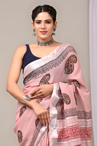 Hand Block Printed Linen Saree With Unstitched Blouse