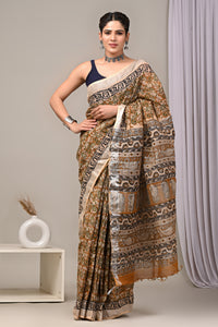 Hand Block Printed Linen Saree With Unstitched Blouse