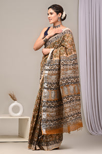 Hand Block Printed Linen Saree With Unstitched Blouse