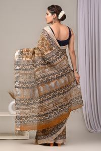 Hand Block Printed Linen Saree With Unstitched Blouse