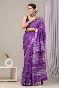 Hand Block Printed Linen Saree With Unstitched Blouse