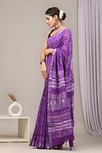 Hand Block Printed Linen Saree With Unstitched Blouse