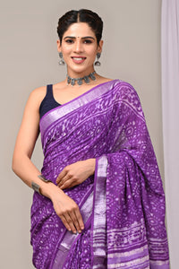 Hand Block Printed Linen Saree With Unstitched Blouse