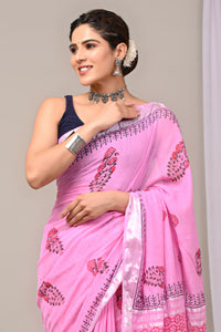 Hand Block Printed Linen Saree With Unstitched Blouse