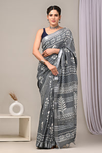 Hand Block Printed Linen Saree With Unstitched Blouse