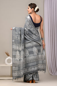 Hand Block Printed Linen Saree With Unstitched Blouse