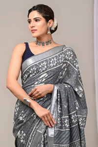 Hand Block Printed Linen Saree With Unstitched Blouse