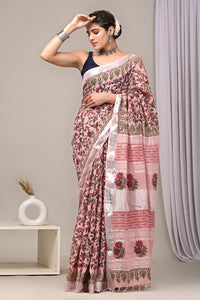 Hand Block Printed Linen Saree With Unstitched Blouse