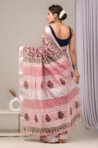 Hand Block Printed Linen Saree With Unstitched Blouse