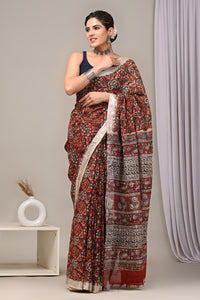 Hand Block Printed Linen Saree With Unstitched Blouse