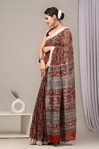 Hand Block Printed Linen Saree With Unstitched Blouse