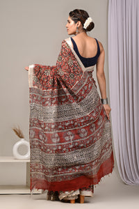 Hand Block Printed Linen Saree With Unstitched Blouse