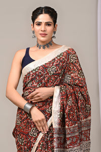 Hand Block Printed Linen Saree With Unstitched Blouse