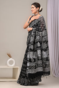 Hand Block Printed Linen Saree With Unstitched Blouse