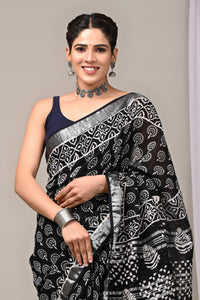 Hand Block Printed Linen Saree With Unstitched Blouse