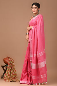 Plain linen Saree With Ajrak Printed Unstiched Blouse