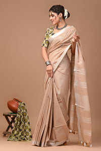 Plain linen Saree With Ajrak Printed Unstiched Blouse