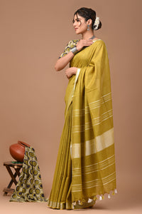 Plain linen Saree With Ajrak Printed Unstiched Blouse