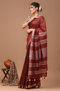 Plain linen Saree With Ajrak Printed Unstiched Blouse