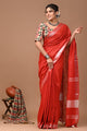 Plain linen Saree With Ajrak Printed Unstiched Blouse