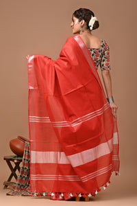 Plain linen Saree With Ajrak Printed Unstiched Blouse