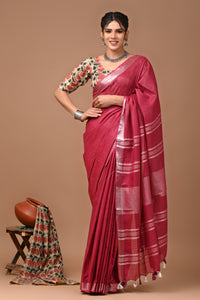 Plain linen Saree With Ajrak Printed Unstiched Blouse