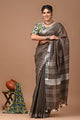 Plain linen Saree With Ajrak Printed Unstiched Blouse