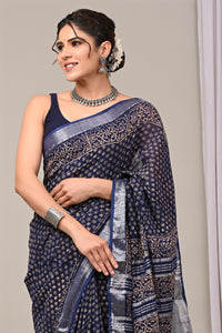 Hand Block Printed Linen Saree With Unstitched Blouse