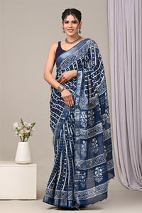 Hand Block Printed Linen Saree With Unstitched Blouse