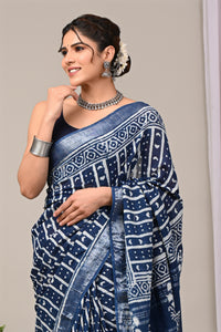 Hand Block Printed Linen Saree With Unstitched Blouse