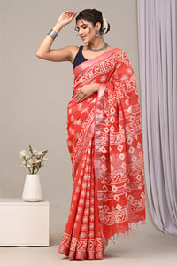 Hand Block Printed Linen Saree With Unstitched Blouse