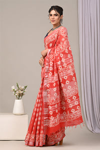 Hand Block Printed Linen Saree With Unstitched Blouse