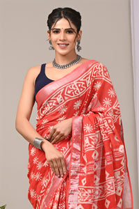 Hand Block Printed Linen Saree With Unstitched Blouse