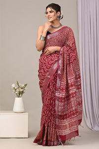 Hand Block Printed Linen Saree With Unstitched Blouse