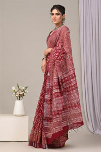 Hand Block Printed Linen Saree With Unstitched Blouse