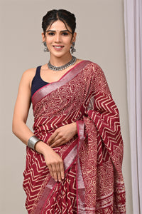 Hand Block Printed Linen Saree With Unstitched Blouse