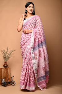 Hand Block Printed Linen Saree With Unstitched Blouse