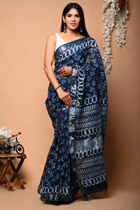 Hand Block Printed Linen Saree With Unstitched Blouse