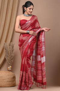 Hand Block Printed Linen Saree With Unstitched Blouse