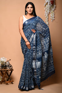 Hand Block Printed Linen Saree With Unstitched Blouse