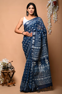 Hand Block Printed Linen Saree With Unstitched Blouse