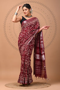 Hand Block Printed Linen Saree With Unstitched Blouse